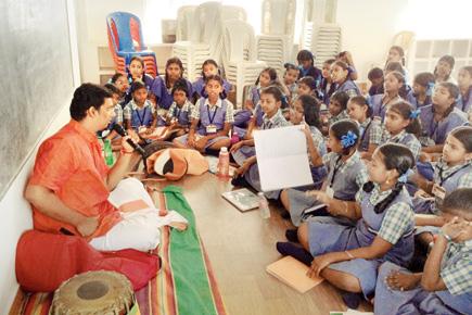 A mridangam session in progress as part of Hitham Trust’s teaching project at Manjakkudi, Tamil Nadu
