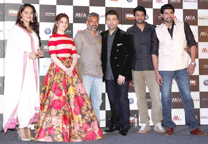 (From left) Anushka Shetty, Tamannaah, SS Rajamouli, Karan Johar, Prabhas and Rana Daggubati at the trailer launch of their upcoming film 