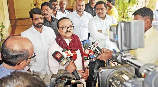 Chhagan Bhujbal addressing the media yesterday. His son and wife own two flats spread over the entire 5th and 7th floors of Manek Mahal in Churchgate