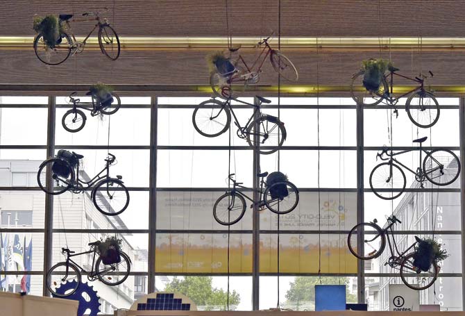 Bikes are displayed in the Nantes (France) exhibition hall during the Velo-city (bike-city) show. Nantes  has invested heavily to develop this transportation method. Pic/AFP