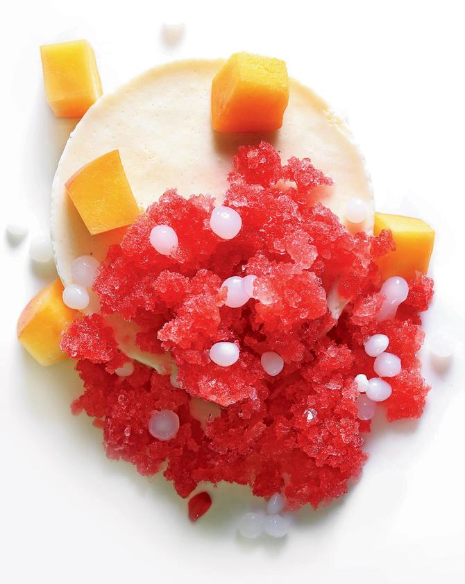 Hibiscus is a granita served on a parfait with peaches and tapioca balls