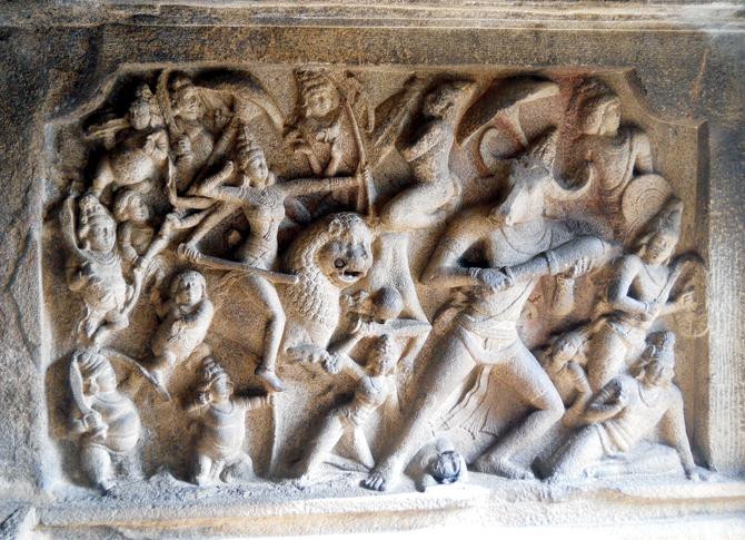 A bas-relief of Mahishasura Mardini, the demon-slaying avtar of goddess Durga at Mahabalipuram. “The story is a great example of the importance of woman, and Shakti being the source of energy in the world. What you see in these sculptures is tangible but its purpose is to take you to the intangible,” explains Kumar. Pic/Hitesh Chudasama