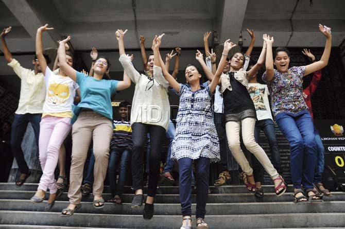 College, here we come: After toiling for the whole year at school, SSC students of a Dadar school are ecstatic with their results and cannot wait to begin their college life. Pic/Satyajit Desai