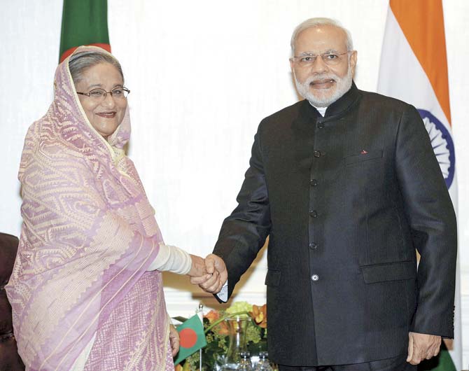 Bangladeshi Premier Sheikh Hasina and Prime Minister Narendra Modi. Pic/AFP