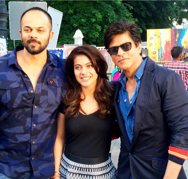 Shah Rukh Khan with director Rohit Shetty and Kajol on the sets of 