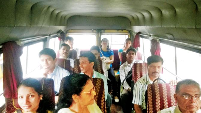 Where there’s a wheel: Over 200 office-goers availed of the free minibus service in Kandivli. The 19-seater bus was provided by a local travel agent
