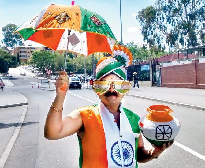 Manchester-based Narendra Bhojani at WACA yesterday with his kalash which he believes is India’s lucky charm. pic/ashwin ferro