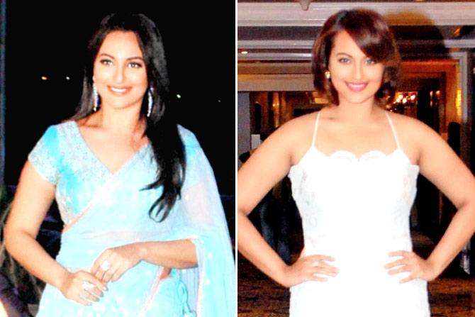 Sonakshi Sinha (left) with hair extensions and (right) the actress in her short haircut