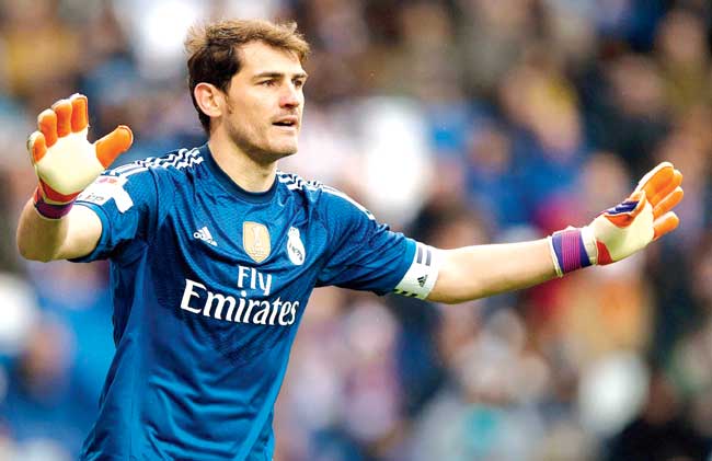Real Madrid goalkeeper Iker Casillas gestures towards his teammates during a La Liga match against Real Sociedad. Pic/Getty Images