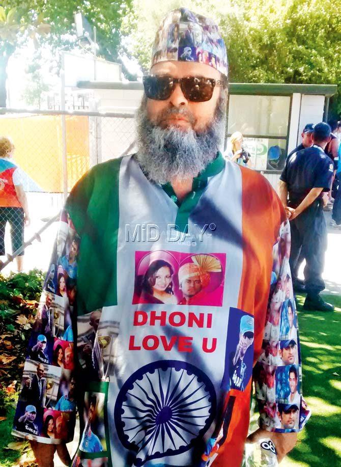 Pakistan fan Mohd Basheer with his unique kurta that has images of MS Dhoni all over it at Seddon Park yesterday. pic/ashwin ferro 