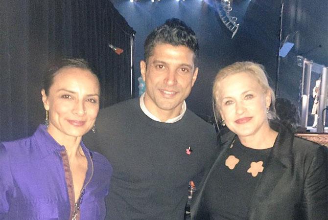 Farhan Akhtar with wife Adhuna Akhtar and Patricia Arquette at UN concert on women empowerment in New York, US. Picture courtesy: Farhan Akhtar