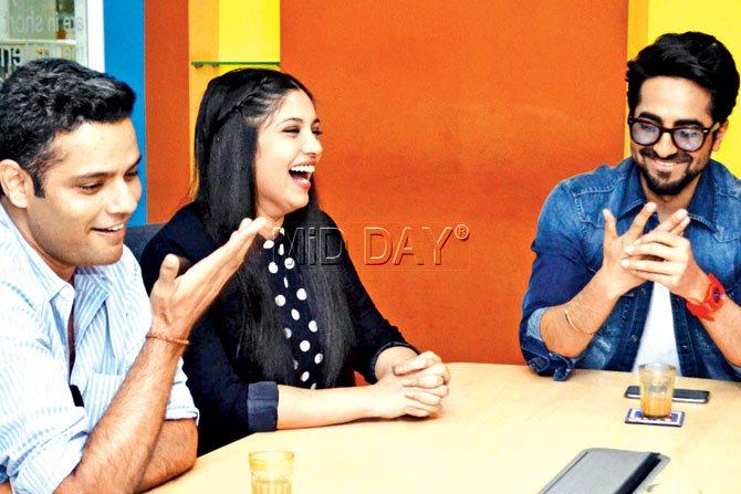 From left: Sharat Kataria, Bhumi Pednekar and Ayushmann Khurrana at mid-day office. pic/ DATTA KUMBHAR 