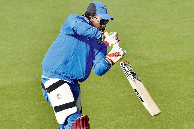 Chris Gayle bats during a practice session in Wellington yesterday. PIC/AFP