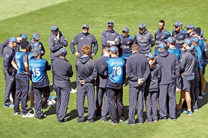 New Zealand players during a training session ahead of their quarter-final match against West Indies in Wellington yesterday. PIC/AFP