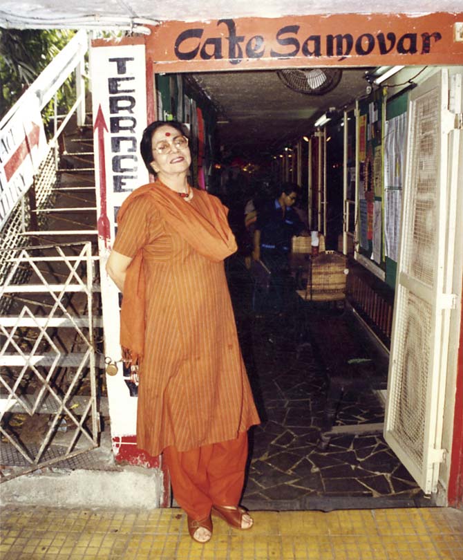 Usha Khanna outside her cafe