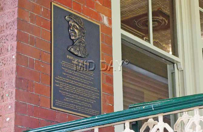 The plaque dedicated to late Phil Hughes outside the Australian team dressing room.