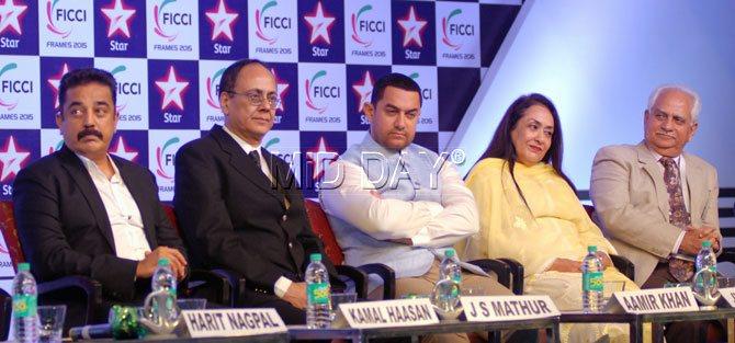 (L to R) Kamal Haasan, J S Mathur, Aamir Khan, Jyotsna Suri and Ramesh Sippy during the inaugural session of FICCI Frames 2015 held at Renaissance Hotel, Powai in Mumbai on 25/03/2015. Pic/Shadab Khan