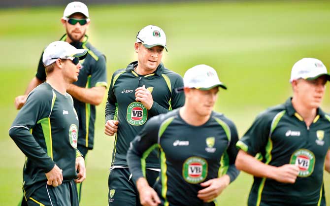 Michael Clarke (centre) trains with  teammates during a practice session at the Sydney Cricket Ground on Tuesday. Pic/AFP