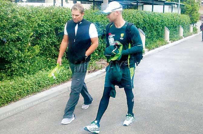 Australia skipper Michael Clarke with spin legend Shane Warne after a net session at the SCG yesterday. Pic/Ashwin Ferro 