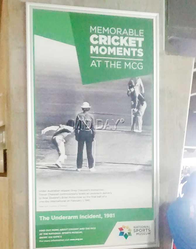 A billboard of the underarm delivery at the Melbourne Cricket Club earlier in the tournament. Pic/Ashwin Ferro