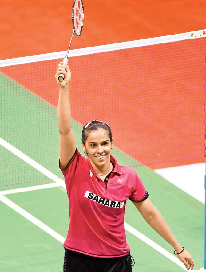 Saina Nehwal celebrates her India Open win over Ratchanok Intanon at the Siri Fort Sports complex in New Delhi. Pic/AFP