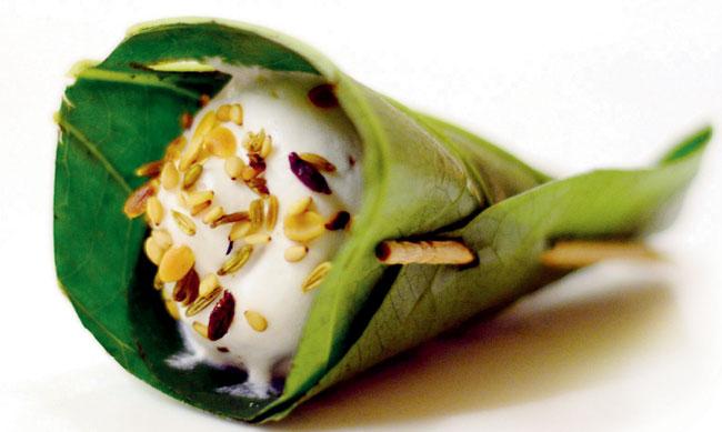 Paan-flavoured mousse is served in a Calcutta paan