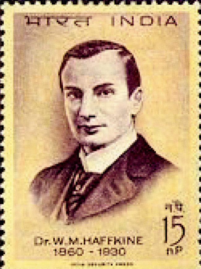A stamp honouring Dr Waldemar Haffkine who was a Russian Jewish doctor and resident of Bombay