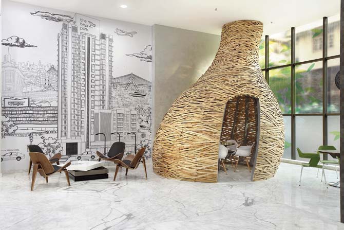 Inspired by the company name, the lobby of Baya Park sales office in Dadar features a giant timbre weaver bird nest that can be used for meetings. It was designed by Planet 3 Studios Architecture Pvt Ltd. PIC Courtesy/Mrigank Sharma, India Sutra