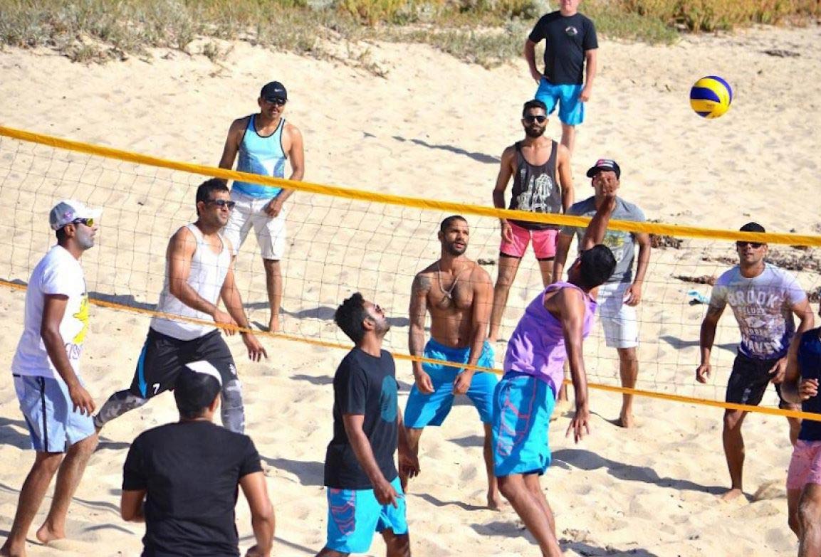 Indian cricket stars engage in a volleyball match at a private beach on Wednesday while on their way to Aravina Vineyard near Margaret River which is around 250kms from Perth.