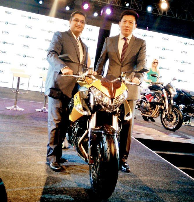 Shirish Kulkarni, Chairman, DSK Motowheels and  George Wang, Board Director, Benelli, at the launch of five superbikes by the Italian motorcycle company, Benelli on Thursday in Mumbai