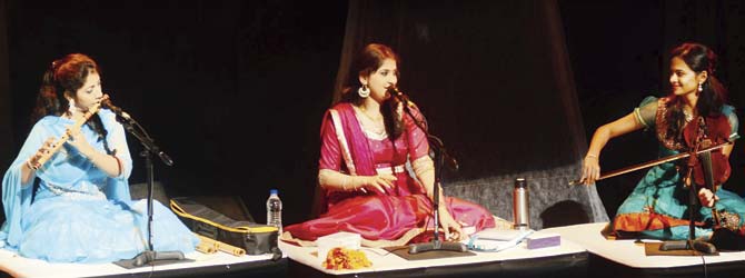 (From left) Flautist Debbopriya Chatterjee, vocalist Kaushiki Chakraborty and Nandini Shankar (violin), who form part of the band Sakhi during a perform-ance at the NCPA