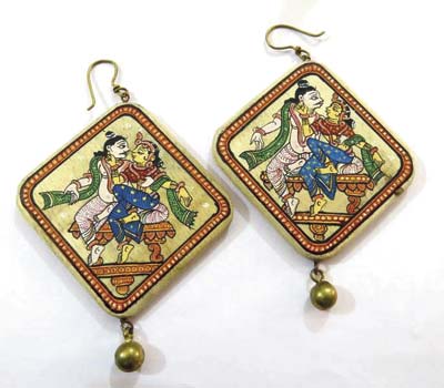 Pattachitra style hand-painted earrings on wood by a traditional Pattachitra artist of Odisha