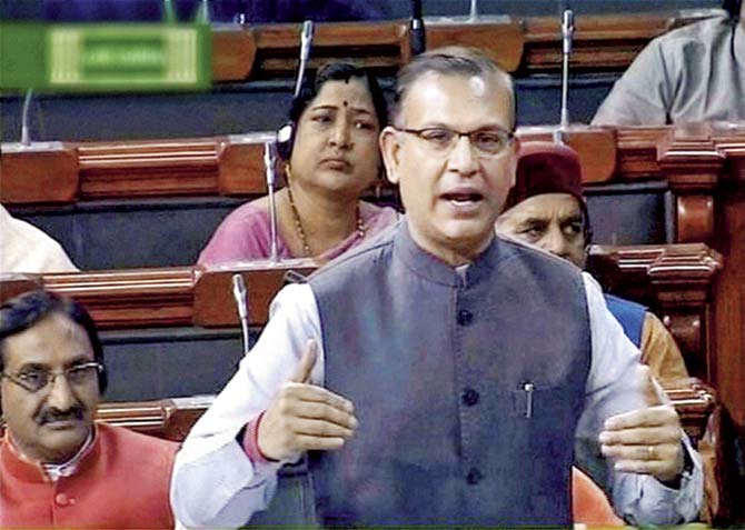 Union Minister of State for Finance Jayant Sinha speaks during the Budget Session in Lok Sabha. Pic/PTI