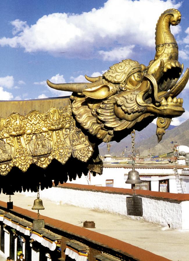 The  mythical water creature called a makara adorns a corner of the Jokhang roof in Lhasa