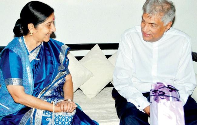 External Affairs Minister Sushma Swaraj meets Sri Lanka’s PM Ranil Wickremesinghe in Colombo on Saturday. pic/pti