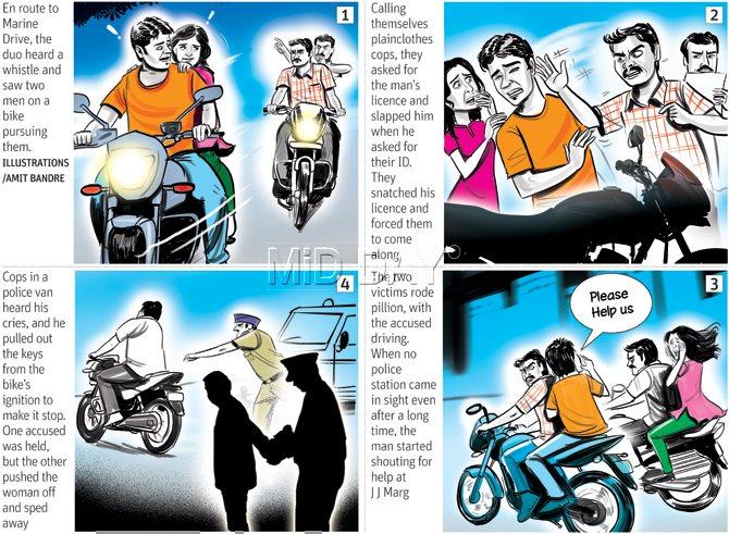 En route to Marine Drive, the duo heard a whistle and saw two men on a bike pursuing them.
