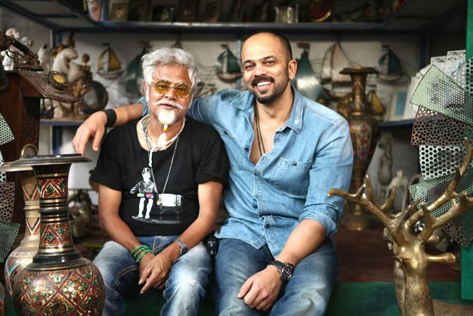 Rohit Shetty with Sanjay Mishra on the sets of 