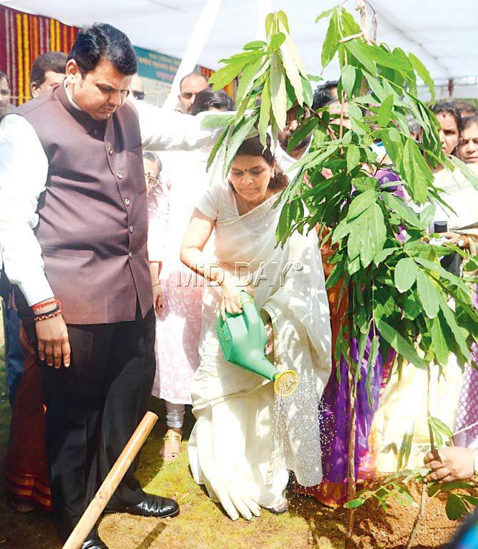Nature and nurture: Pramod Mahajan’s widow, Rekha, and the CM water saplings at the park in a symbolic gesture