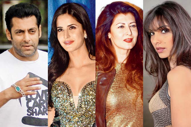 Salman Khan continues to be cordial with most of his exes, including Katrina Kaif (extreme left), Sangeeta Bijlani (above centre) and Somy Ali (above right)