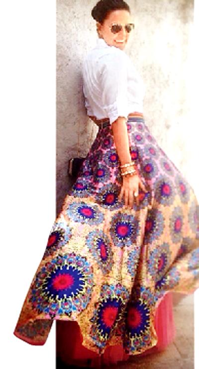 Neha Dhupia in a formal top and traditional print skirt 
