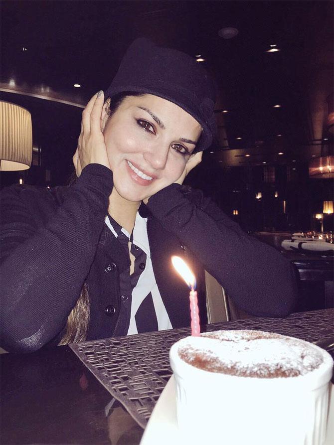 Sunny Leone and the candle that Daniel Weber put on the chocolate souffle. Picture courtesy: Sunny
