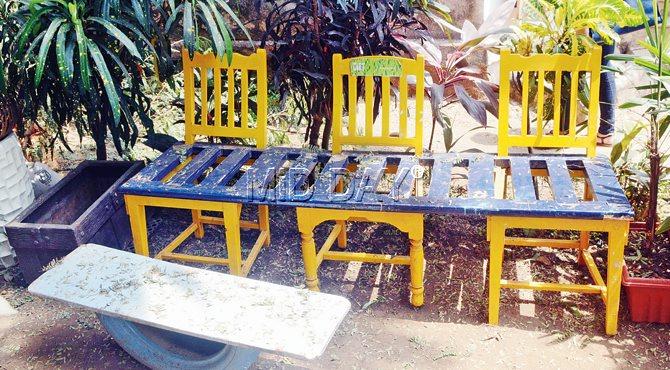 Chairs created using a window shutter cost Rs 12,000 and a seesaw made from a discarded tyre costs Rs 3,500