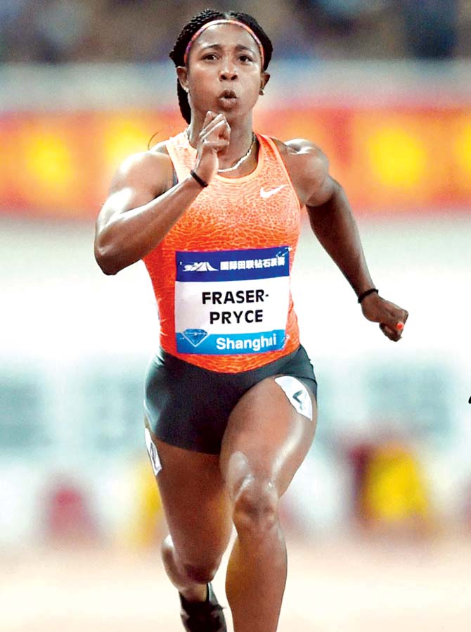 Shelly-Ann Fraser-Pryce in action during the 100m event. Pic/AFP