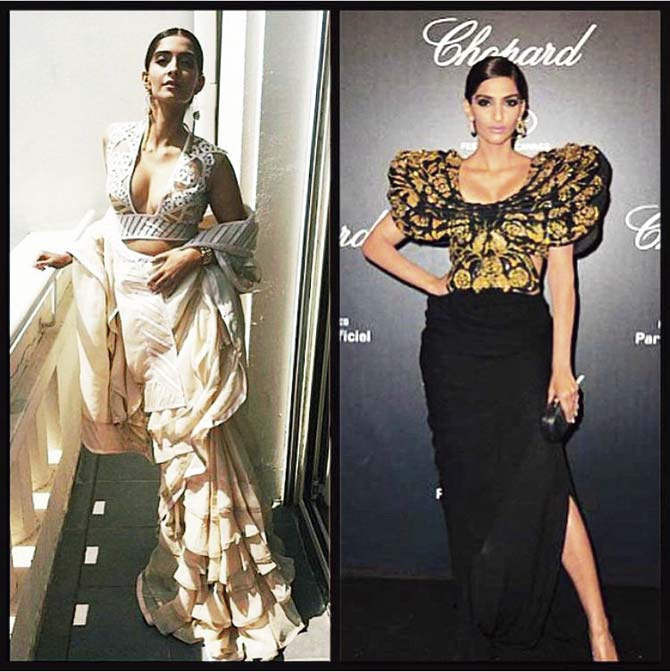 Sonam in the sari that took Cannes by storm and (right) in the black and gold gown