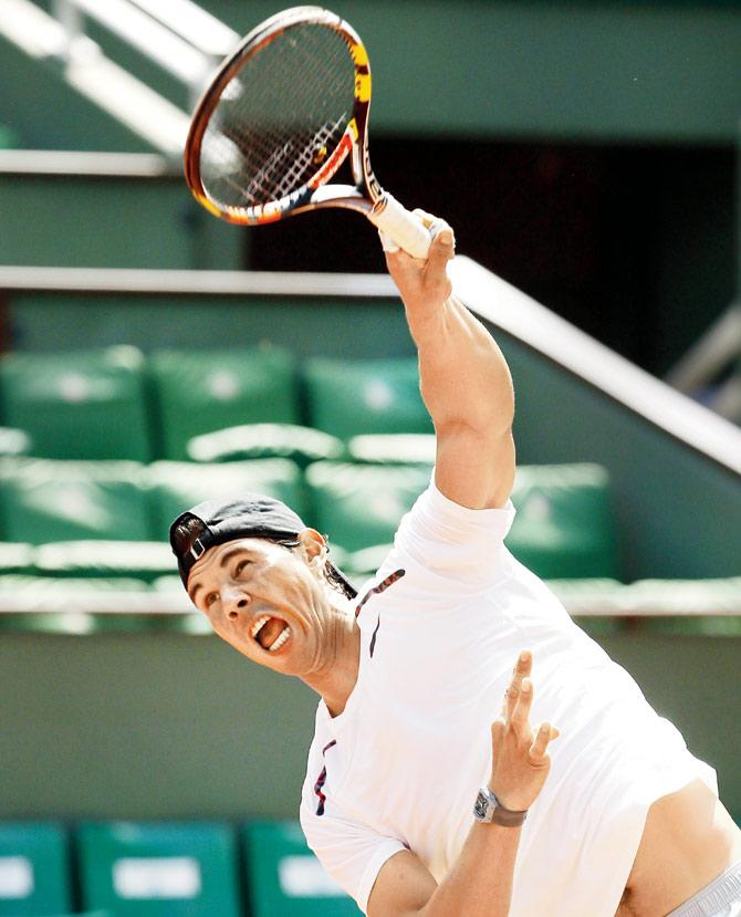 Spanish tennis ace Rafael Nadal takes part in a training session at the Roland Garros Stadium in Paris yesterday. PIC/AFP