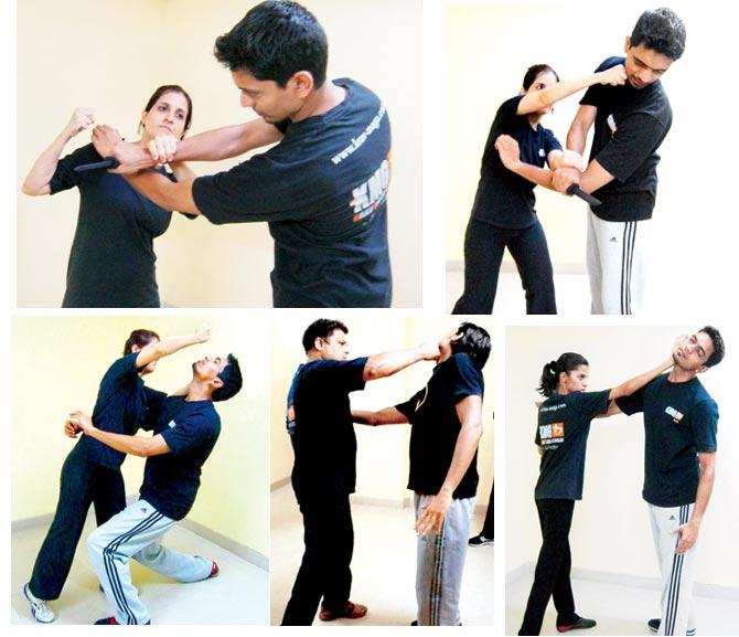 Disarming a knife attacker, disarming and attacking the knife attacker simultaneously, defense and attack against strike/grab,  veteran Krav Maga instructor Elror Vaz training a student