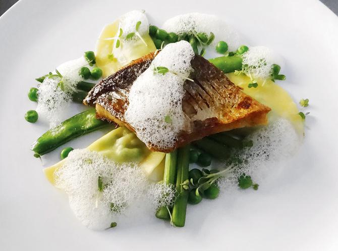 Salmon with Ravioli in Watercress Sauce