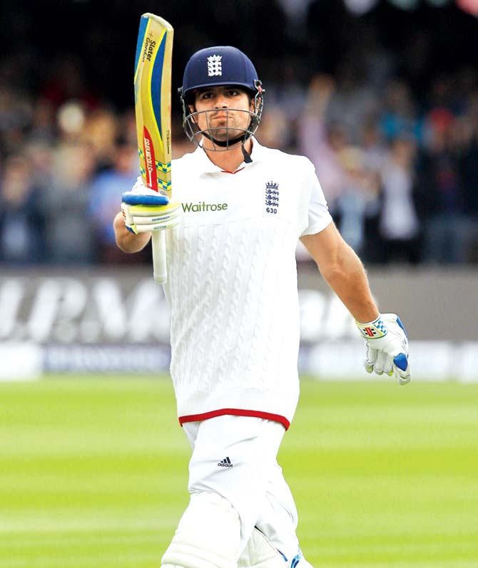 Alastair Cook celebrates after reaching his ton yesterday. Pic/AFP