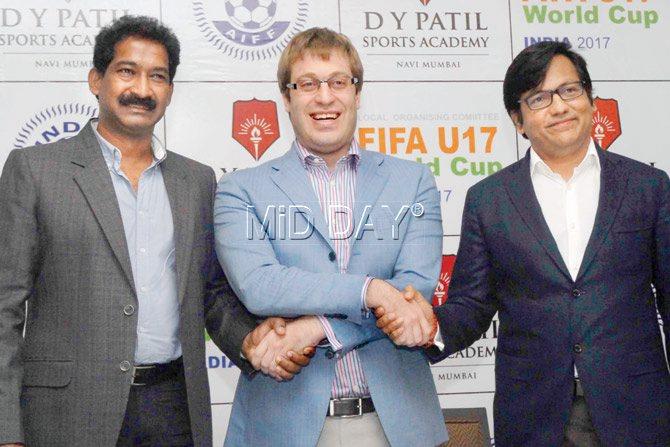 Tournament Director Javier Cepii (centre), Dr Vijay Patil (right) and former India goalkeeper and WIFA CEO Henry Menezes at a city hotel yesterday. PIC/SURESH KK