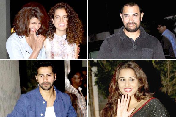 Aamir Khan, Vidya Balan, Varun Dhawan, Shraddha Kapoor and other Bollywood celebs attended a party to celebrate Kangna Ranaut and Priyanka Chopra's National Award wins in Mumbai on Monday